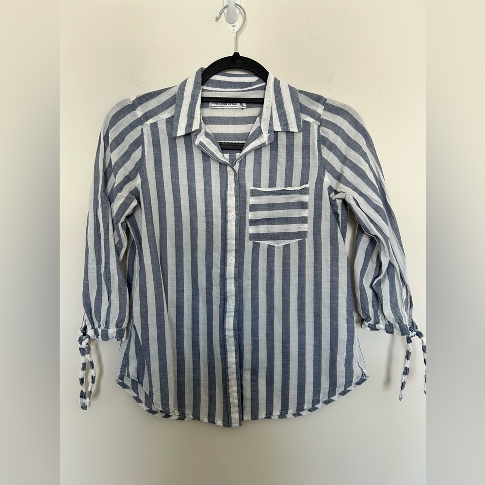 Abercrombie & Fitch Linen Cotton Blend Tie Sleeve Button Shirt Top Size XL Blue